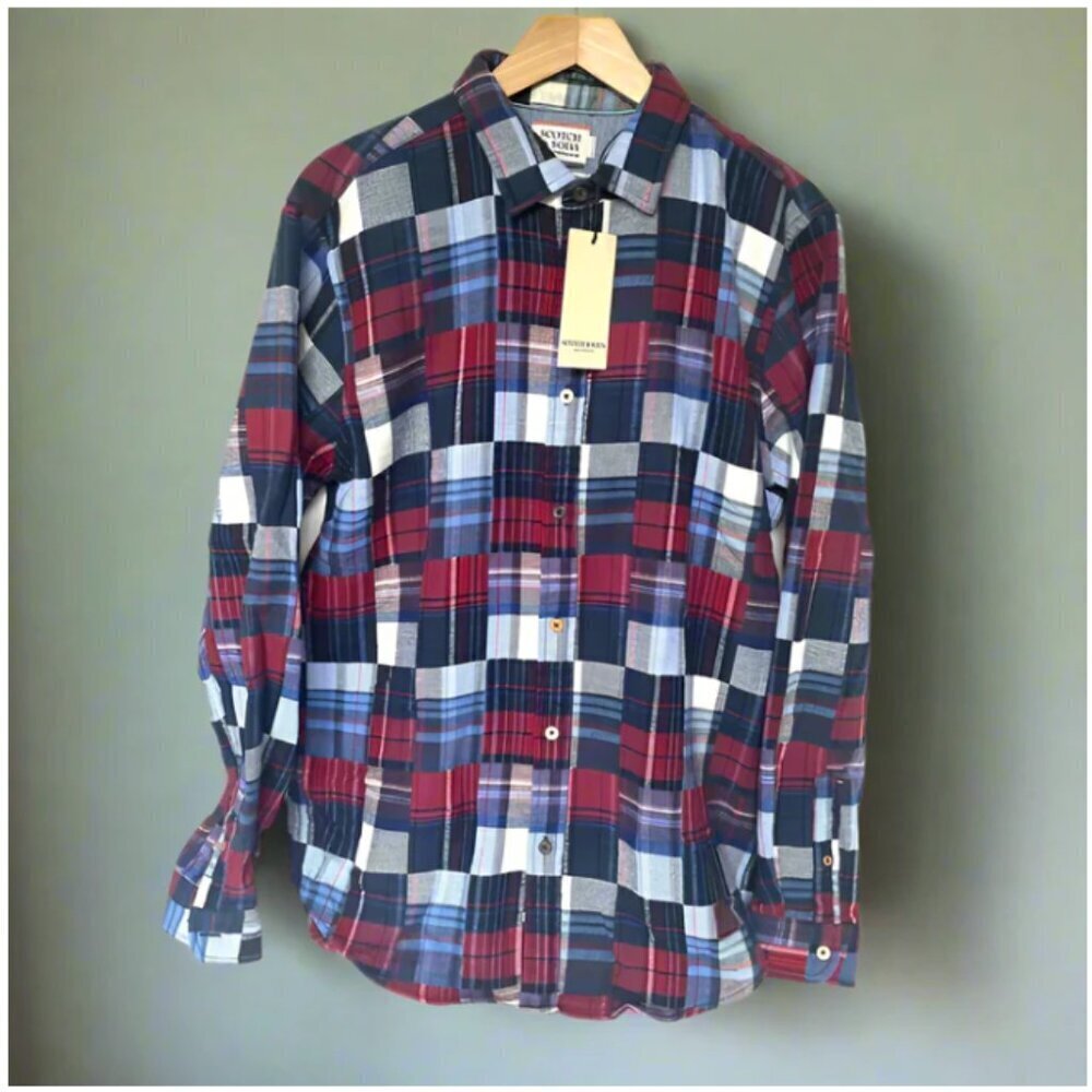Scotch & Soda Men's XL Blue Plaid Flannel Shirt Button Down Regular Fit